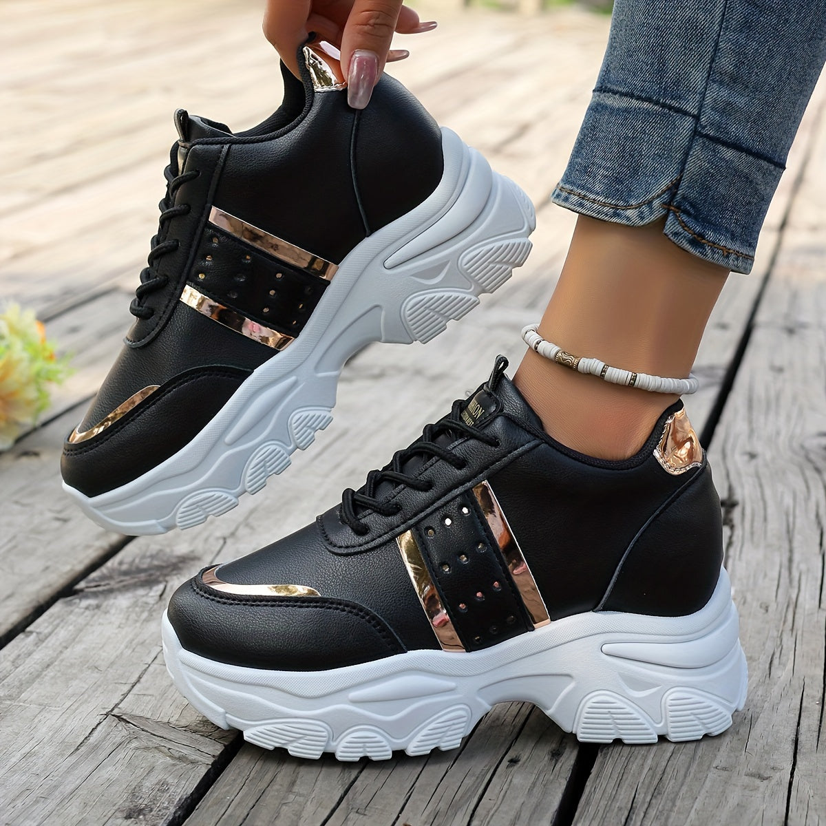 [8cm Height Boost Platform Sneakers] Elevate Your Style With These Fashionable White And Golden Platform Sneakers For Women In Large Size (42). These Shoes Are Trendy And Versatile, Adding 8cm To Your Height With A Dad Shoe D