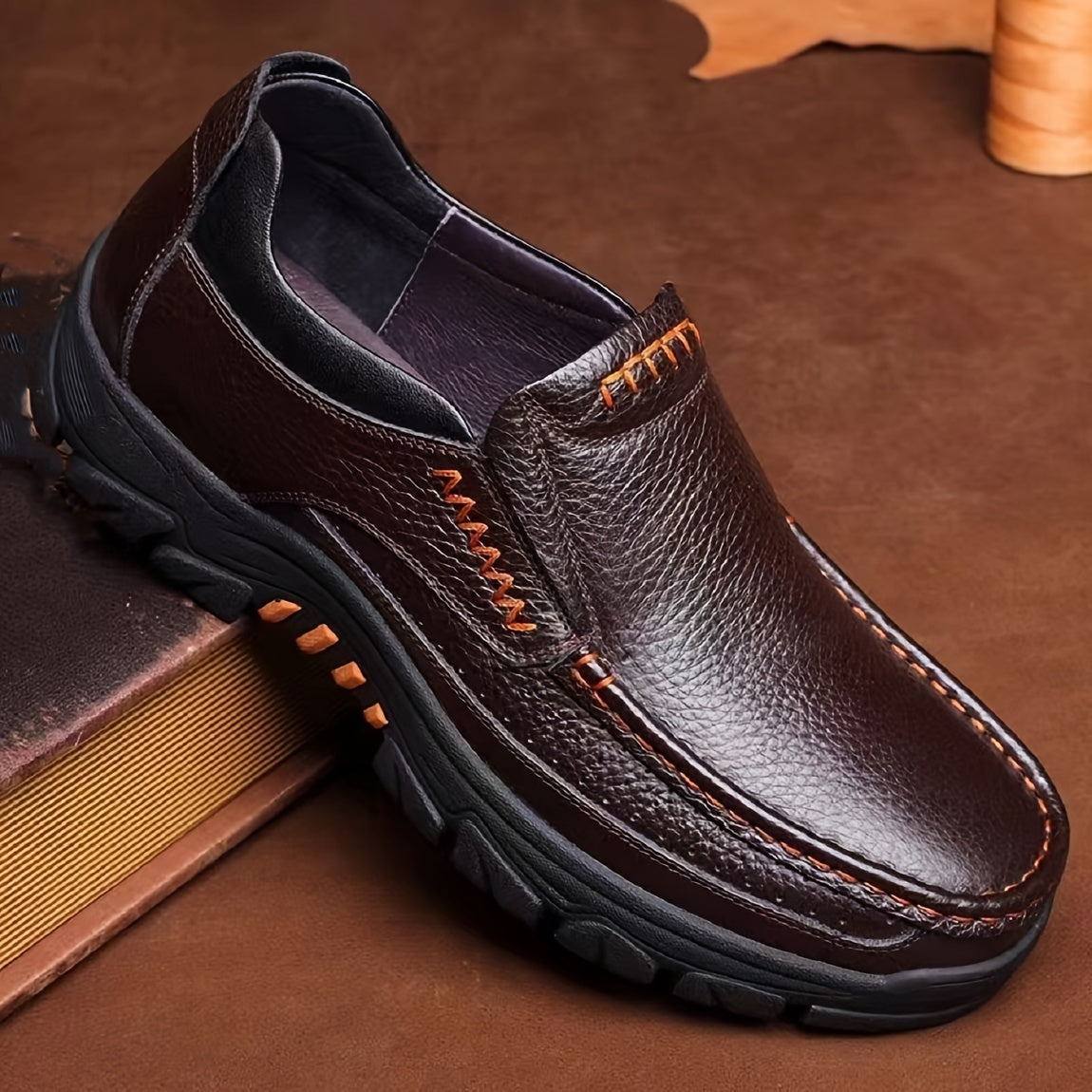 Leather Slip-On, Rubber Sole, Round Toe Shoes for Men