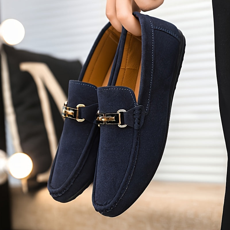 Men'S Slip-On Loafers - Black Faux Cover with Golden-Tone Buckle Straps, Round Toe & Rubber Sole for Casual & Formal Wear, All-Season Comfort, Formal Footwear, Sleek Shoe Design, Durable Footwear