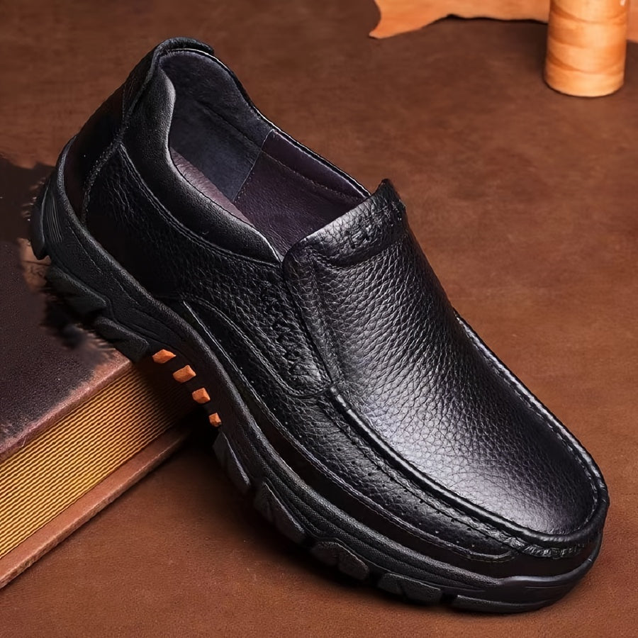Leather Slip-On, Rubber Sole, Round Toe Shoes for Men
