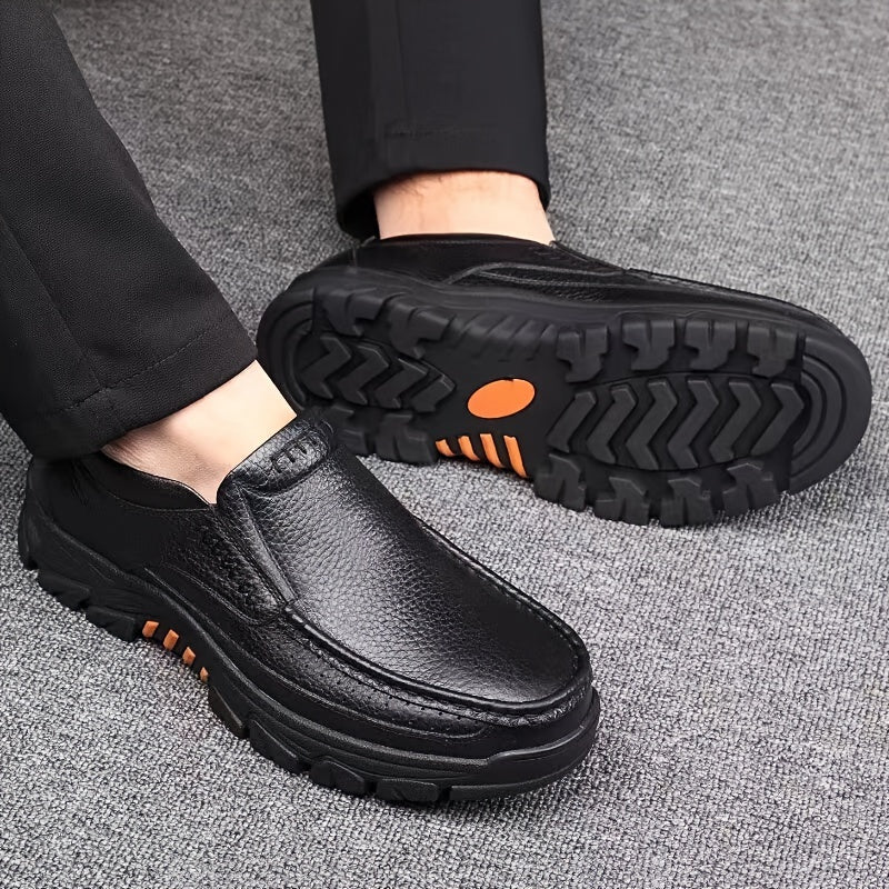 Leather Slip-On, Rubber Sole, Round Toe Shoes for Men
