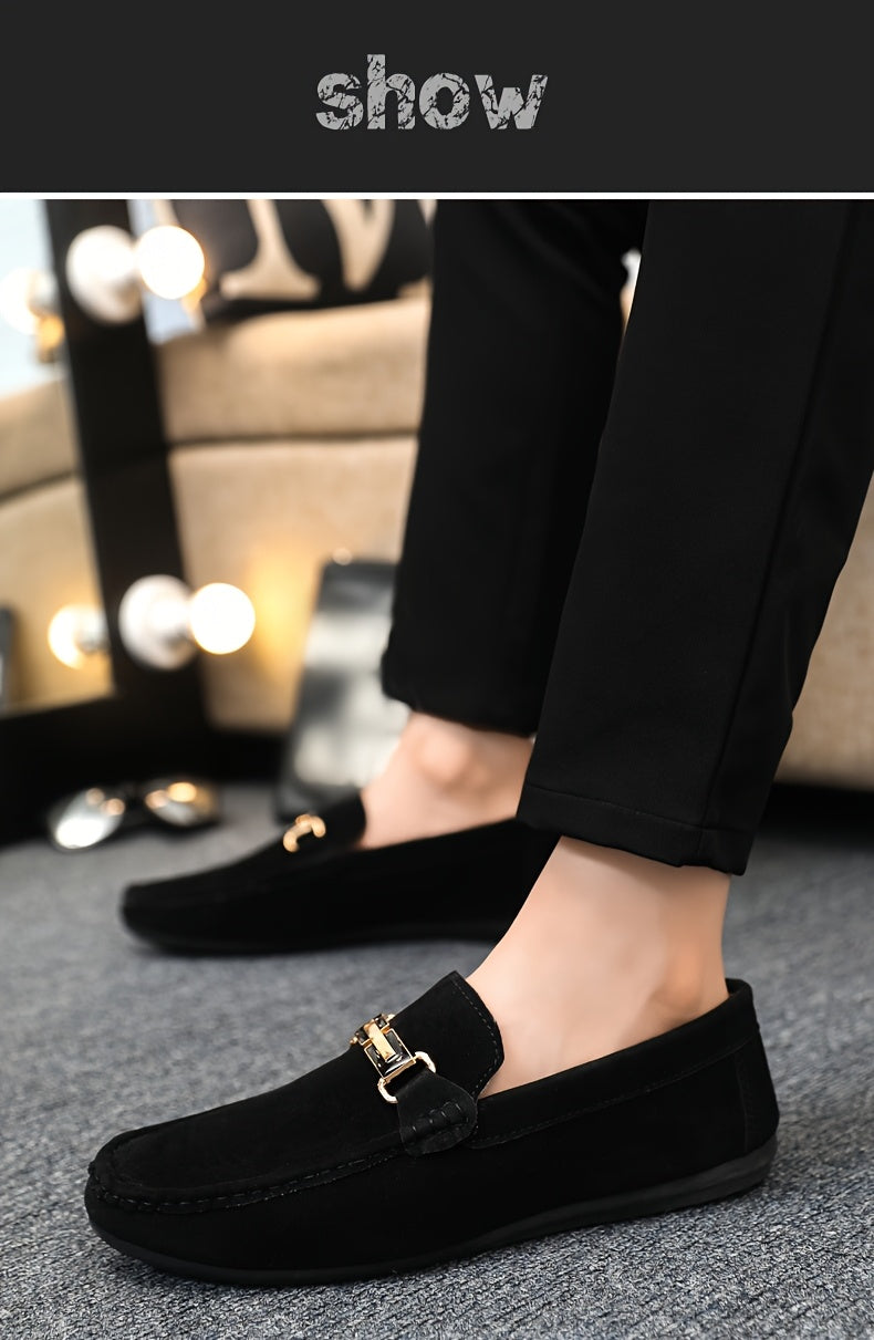 Men'S Slip-On Loafers - Black Faux Cover with Golden-Tone Buckle Straps, Round Toe & Rubber Sole for Casual & Formal Wear, All-Season Comfort, Formal Footwear, Sleek Shoe Design, Durable Footwear