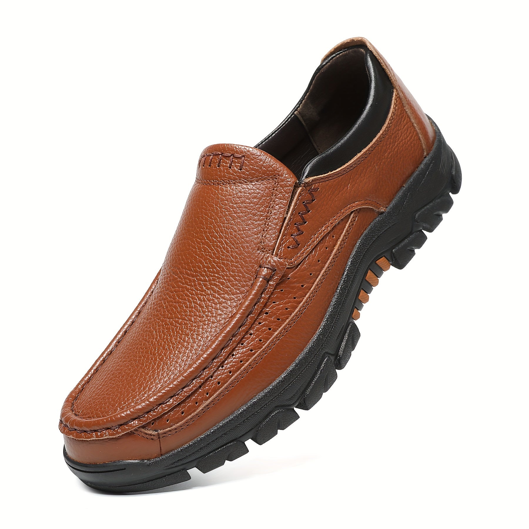 Leather Slip-On, Rubber Sole, Round Toe Shoes for Men