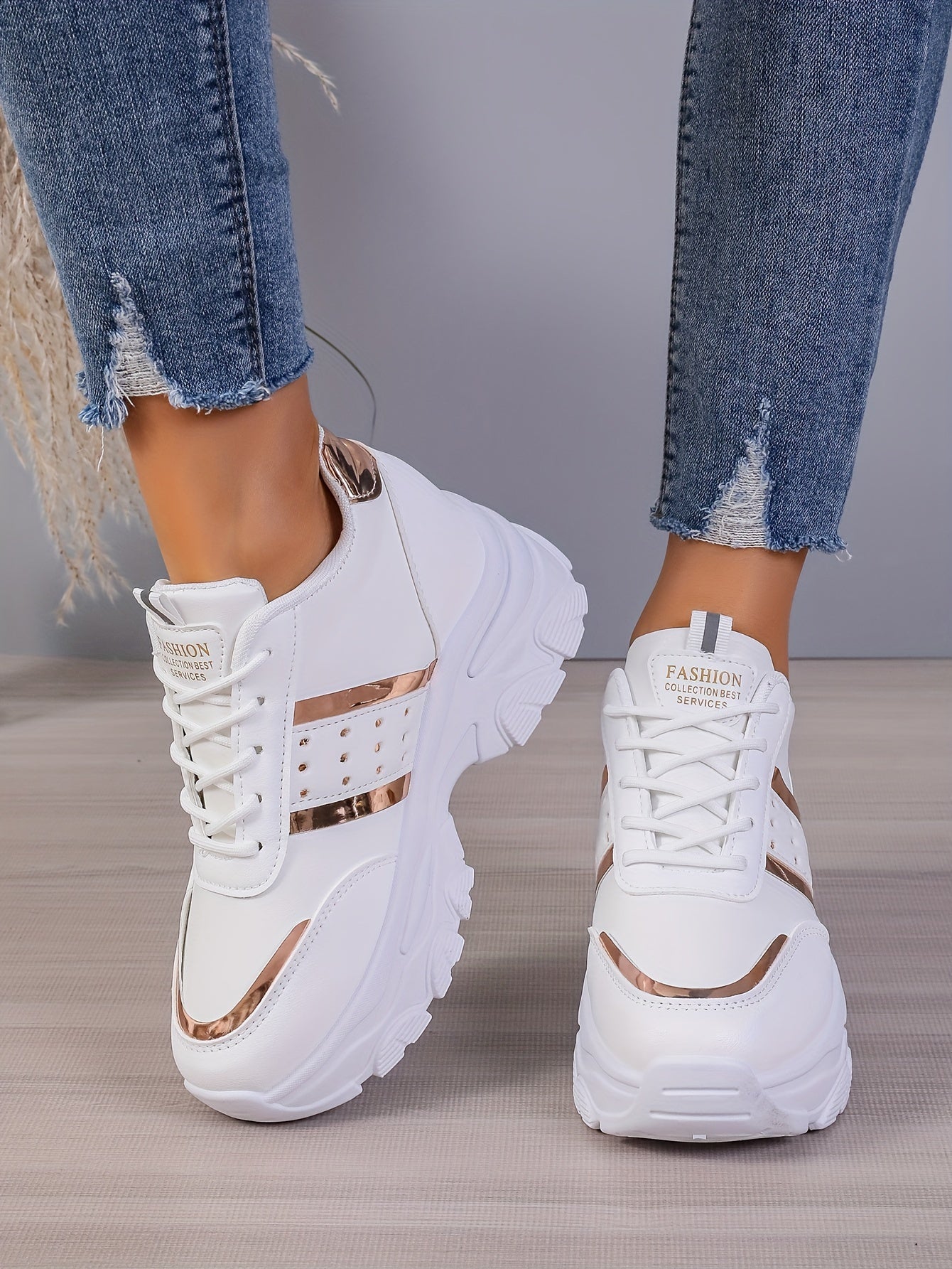 [8cm Height Boost Platform Sneakers] Elevate Your Style With These Fashionable White And Golden Platform Sneakers For Women In Large Size (42). These Shoes Are Trendy And Versatile, Adding 8cm To Your Height With A Dad Shoe D