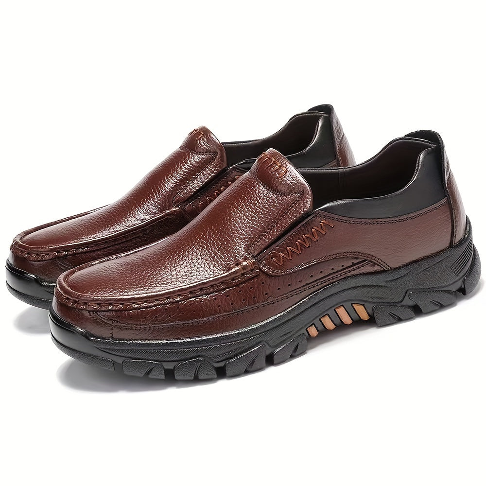 Leather Slip-On, Rubber Sole, Round Toe Shoes for Men