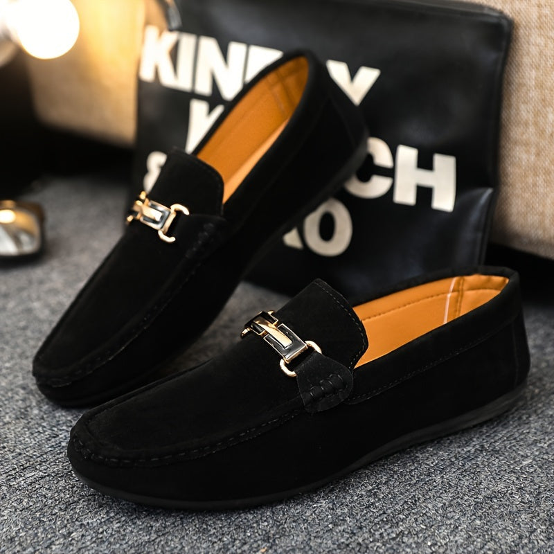 Men'S Slip-On Loafers - Black Faux Cover with Golden-Tone Buckle Straps, Round Toe & Rubber Sole for Casual & Formal Wear, All-Season Comfort, Formal Footwear, Sleek Shoe Design, Durable Footwear