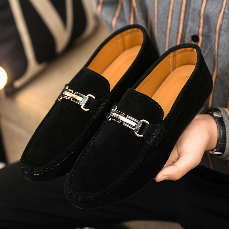 Men'S Slip-On Loafers - Black Faux Cover with Golden-Tone Buckle Straps, Round Toe & Rubber Sole for Casual & Formal Wear, All-Season Comfort, Formal Footwear, Sleek Shoe Design, Durable Footwear