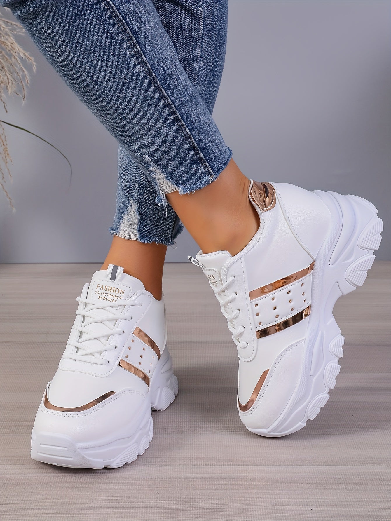 [8cm Height Boost Platform Sneakers] Elevate Your Style With These Fashionable White And Golden Platform Sneakers For Women In Large Size (42). These Shoes Are Trendy And Versatile, Adding 8cm To Your Height With A Dad Shoe D