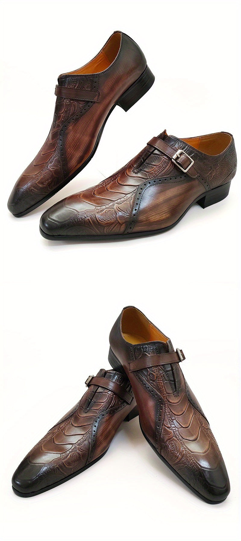 Men's Genuine Leather Dress Loafers - Elegant Embossed Design, Non-Slip Slip-On Shoes for Business & Formal Occasions, Black with Purple Accents, Pointed Toe, Rubber Sole, All-Season Wear, Office Loafers | Stylish Buckle Shoe