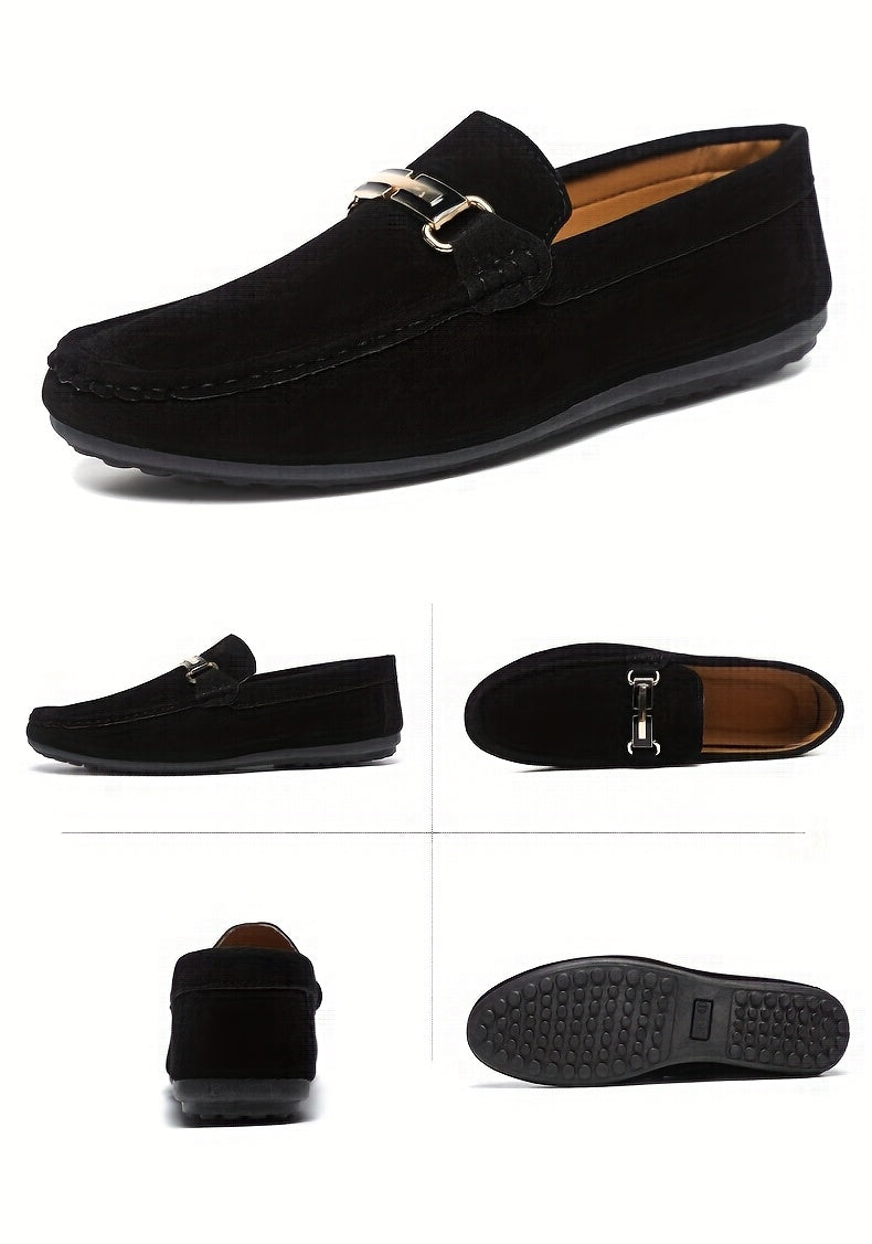 Men'S Slip-On Loafers - Black Faux Cover with Golden-Tone Buckle Straps, Round Toe & Rubber Sole for Casual & Formal Wear, All-Season Comfort, Formal Footwear, Sleek Shoe Design, Durable Footwear