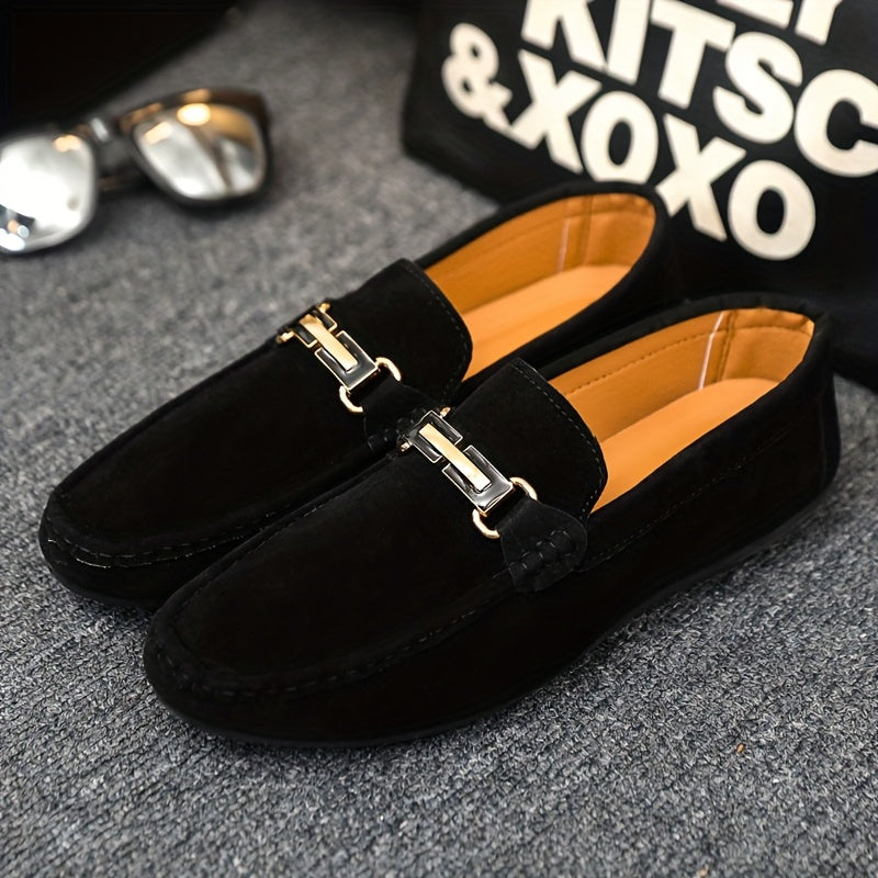 Men'S Slip-On Loafers - Black Faux Cover with Golden-Tone Buckle Straps, Round Toe & Rubber Sole for Casual & Formal Wear, All-Season Comfort, Formal Footwear, Sleek Shoe Design, Durable Footwear