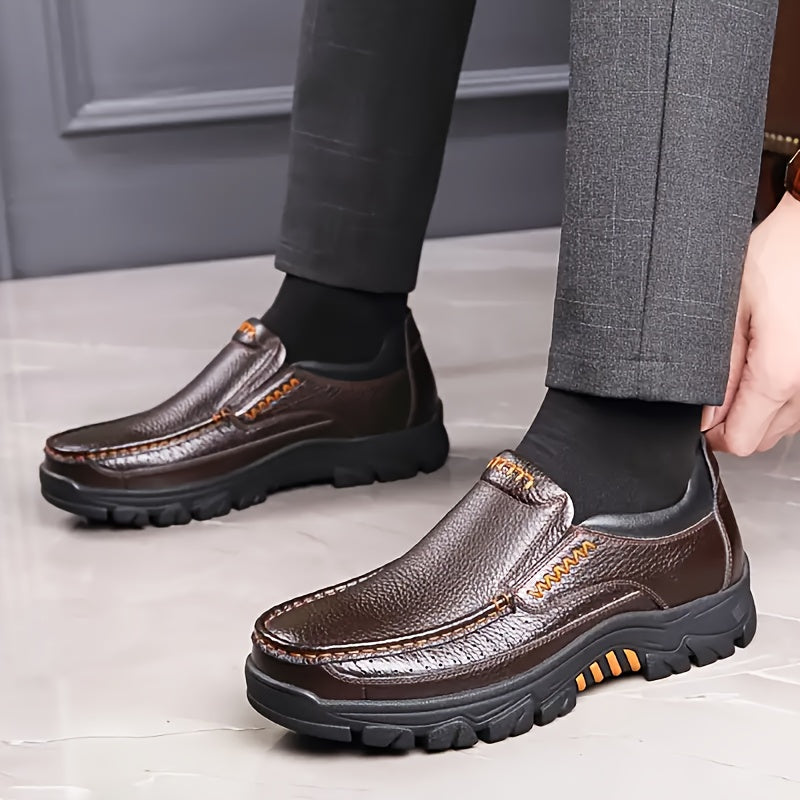 Leather Slip-On, Rubber Sole, Round Toe Shoes for Men