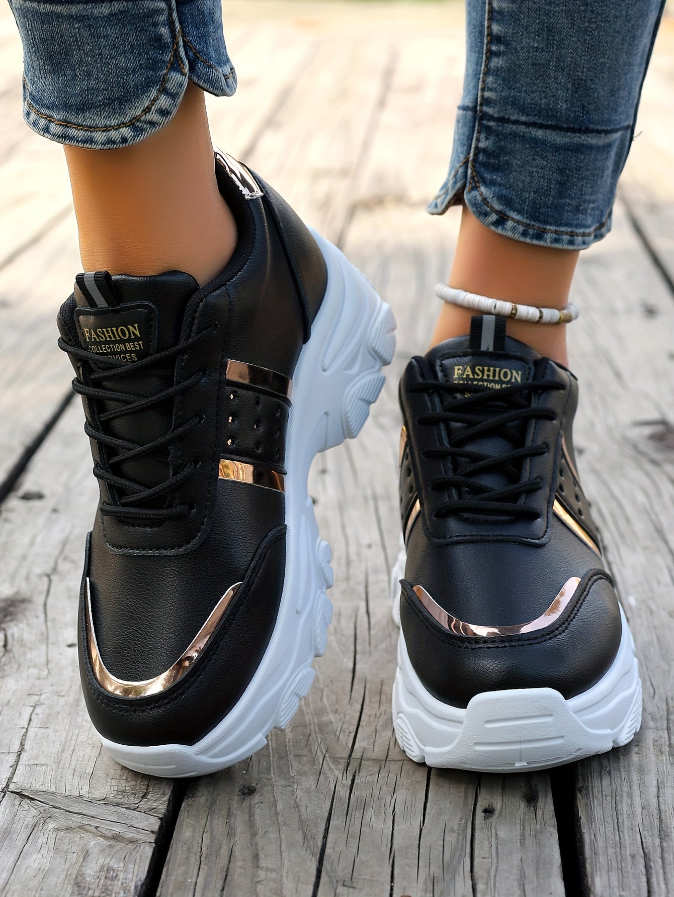 [8cm Height Boost Platform Sneakers] Elevate Your Style With These Fashionable White And Golden Platform Sneakers For Women In Large Size (42). These Shoes Are Trendy And Versatile, Adding 8cm To Your Height With A Dad Shoe D