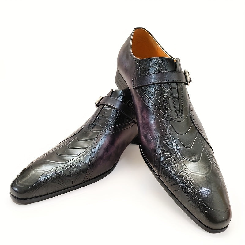 Men's Genuine Leather Dress Loafers - Elegant Embossed Design, Non-Slip Slip-On Shoes for Business & Formal Occasions, Black with Purple Accents, Pointed Toe, Rubber Sole, All-Season Wear, Office Loafers | Stylish Buckle Shoe