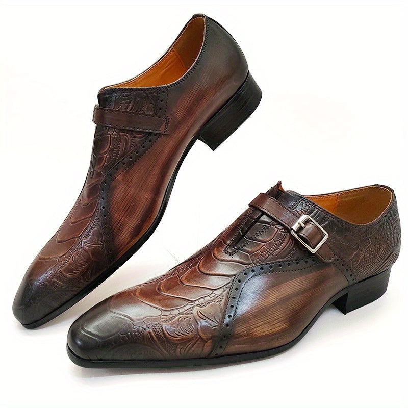 Men's Genuine Leather Dress Loafers - Elegant Embossed Design, Non-Slip Slip-On Shoes for Business & Formal Occasions, Black with Purple Accents, Pointed Toe, Rubber Sole, All-Season Wear, Office Loafers | Stylish Buckle Shoe