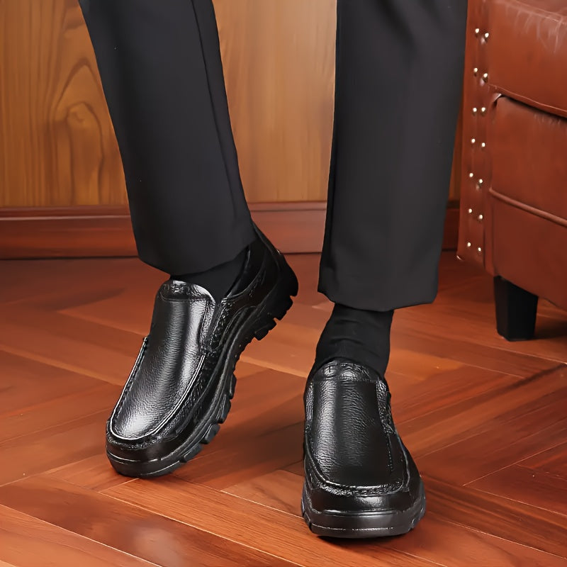 Leather Slip-On, Rubber Sole, Round Toe Shoes for Men