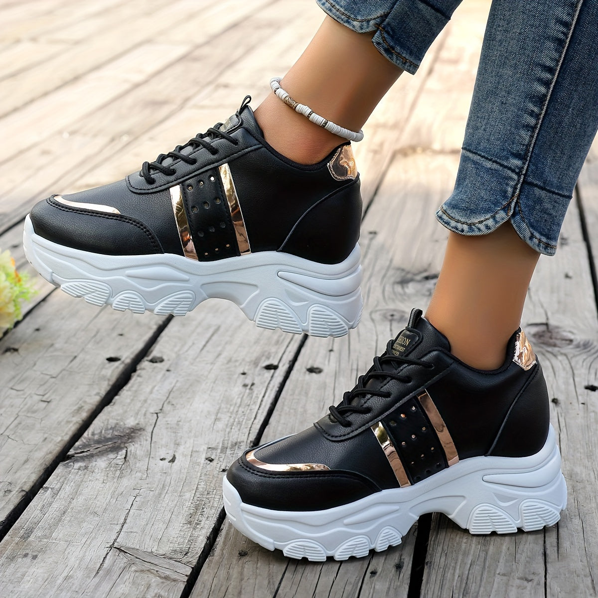 [8cm Height Boost Platform Sneakers] Elevate Your Style With These Fashionable White And Golden Platform Sneakers For Women In Large Size (42). These Shoes Are Trendy And Versatile, Adding 8cm To Your Height With A Dad Shoe D