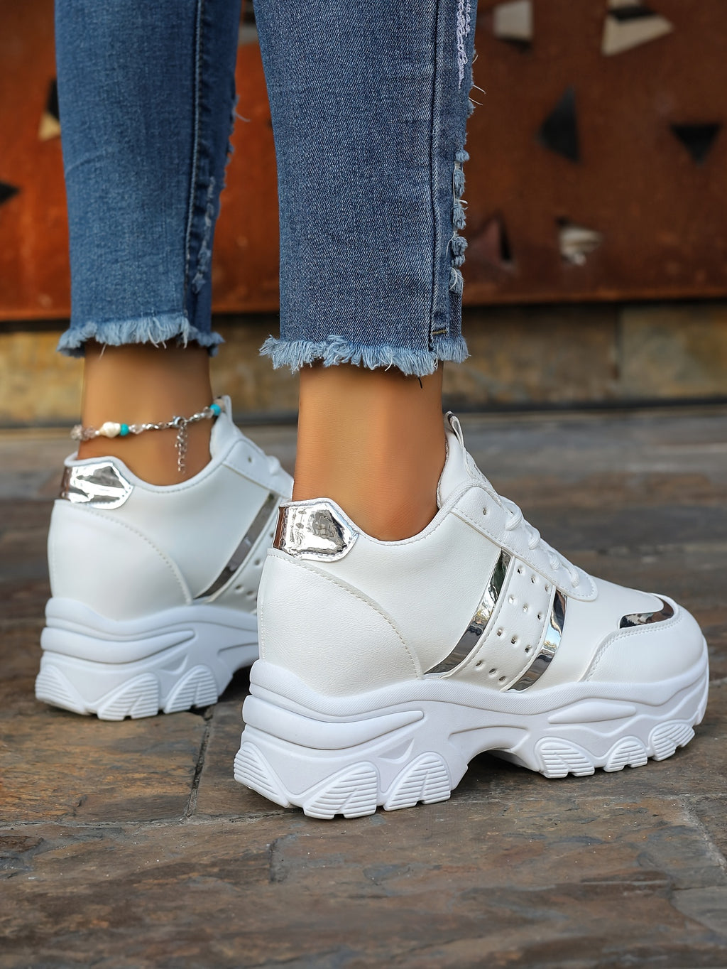 [8cm Height Boost Platform Sneakers] Elevate Your Style With These Fashionable White And Golden Platform Sneakers For Women In Large Size (42). These Shoes Are Trendy And Versatile, Adding 8cm To Your Height With A Dad Shoe D