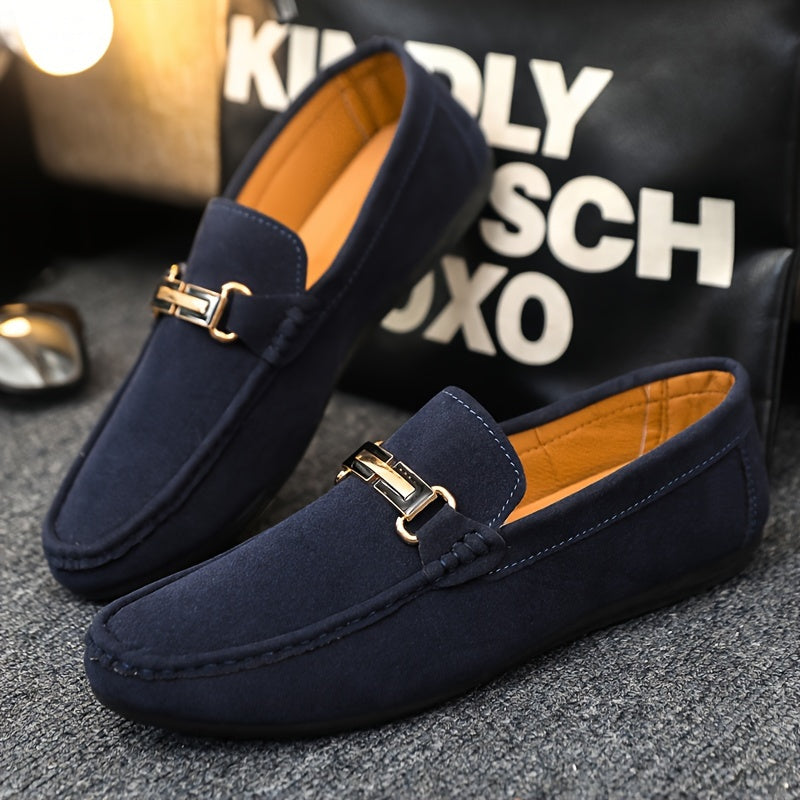 Men'S Slip-On Loafers - Black Faux Cover with Golden-Tone Buckle Straps, Round Toe & Rubber Sole for Casual & Formal Wear, All-Season Comfort, Formal Footwear, Sleek Shoe Design, Durable Footwear