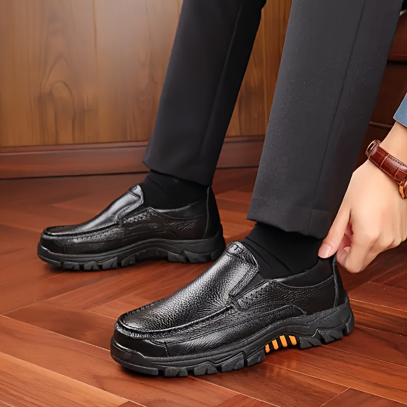 Leather Slip-On, Rubber Sole, Round Toe Shoes for Men