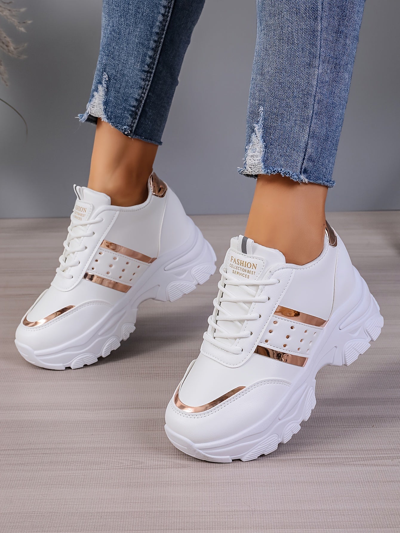 [8cm Height Boost Platform Sneakers] Elevate Your Style With These Fashionable White And Golden Platform Sneakers For Women In Large Size (42). These Shoes Are Trendy And Versatile, Adding 8cm To Your Height With A Dad Shoe D