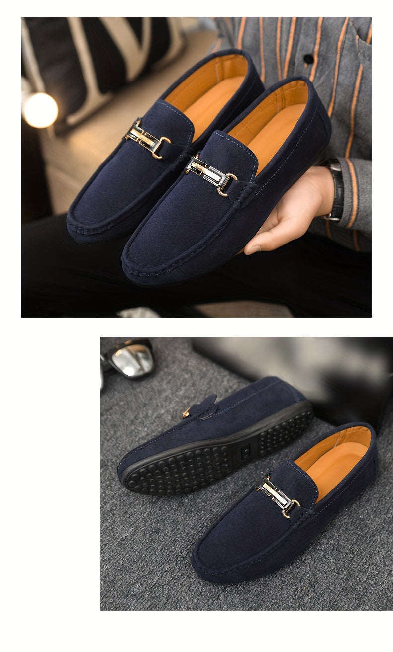 Men'S Slip-On Loafers - Black Faux Cover with Golden-Tone Buckle Straps, Round Toe & Rubber Sole for Casual & Formal Wear, All-Season Comfort, Formal Footwear, Sleek Shoe Design, Durable Footwear