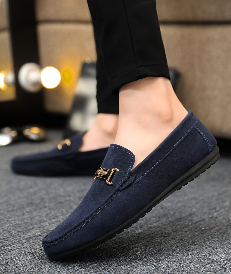 Men'S Slip-On Loafers - Black Faux Cover with Golden-Tone Buckle Straps, Round Toe & Rubber Sole for Casual & Formal Wear, All-Season Comfort, Formal Footwear, Sleek Shoe Design, Durable Footwear