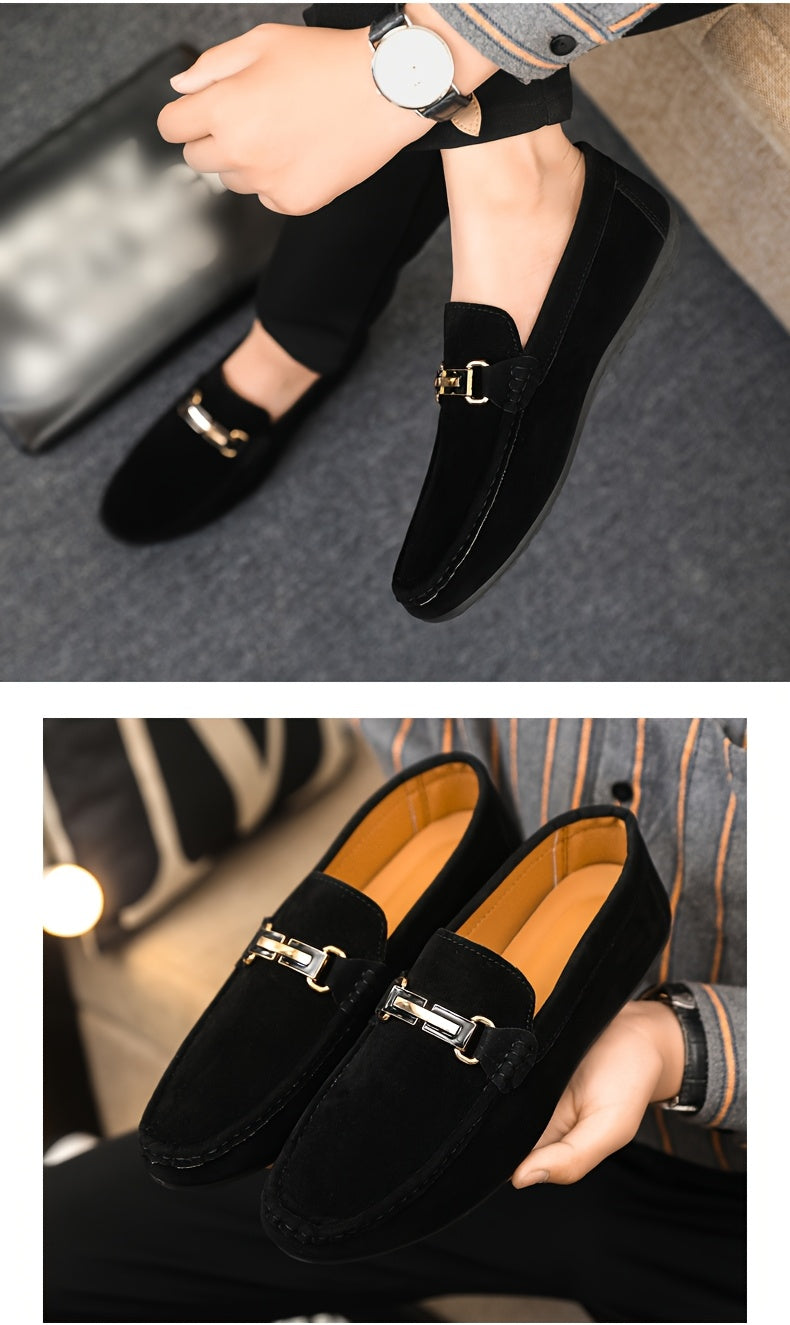 Men'S Slip-On Loafers - Black Faux Cover with Golden-Tone Buckle Straps, Round Toe & Rubber Sole for Casual & Formal Wear, All-Season Comfort, Formal Footwear, Sleek Shoe Design, Durable Footwear