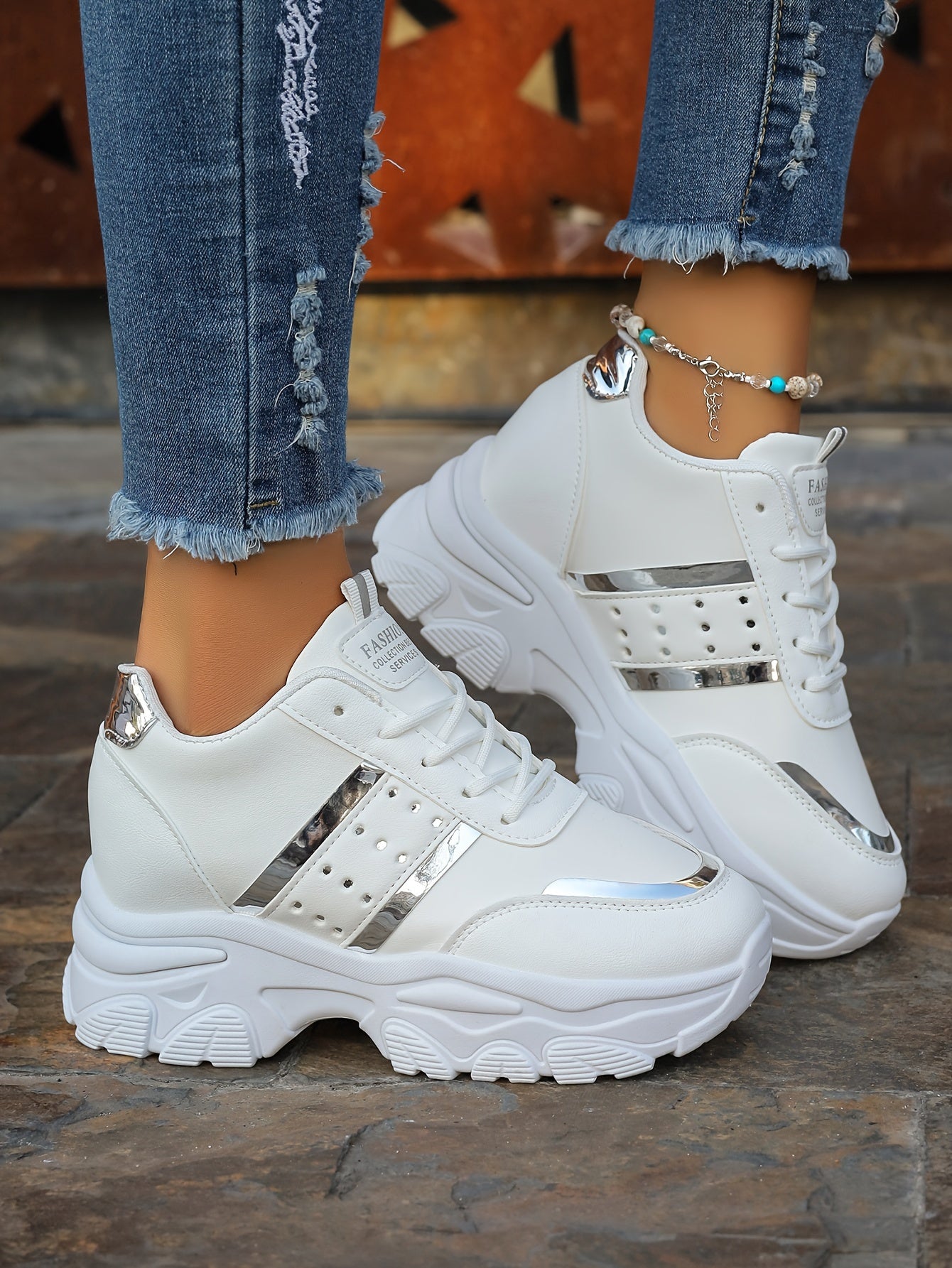 [8cm Height Boost Platform Sneakers] Elevate Your Style With These Fashionable White And Golden Platform Sneakers For Women In Large Size (42). These Shoes Are Trendy And Versatile, Adding 8cm To Your Height With A Dad Shoe D