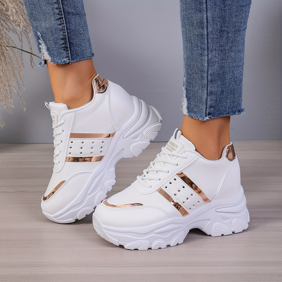 [8cm Height Boost Platform Sneakers] Elevate Your Style With These Fashionable White And Golden Platform Sneakers For Women In Large Size (42). These Shoes Are Trendy And Versatile, Adding 8cm To Your Height With A Dad Shoe D