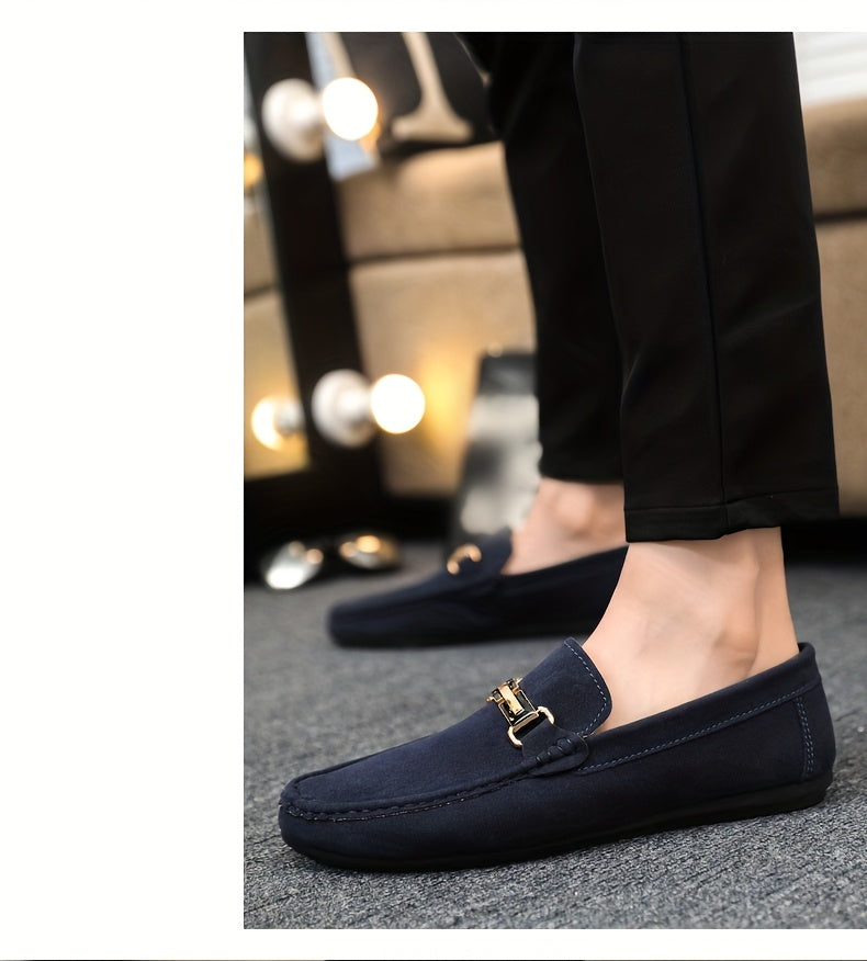 Men'S Slip-On Loafers - Black Faux Cover with Golden-Tone Buckle Straps, Round Toe & Rubber Sole for Casual & Formal Wear, All-Season Comfort, Formal Footwear, Sleek Shoe Design, Durable Footwear