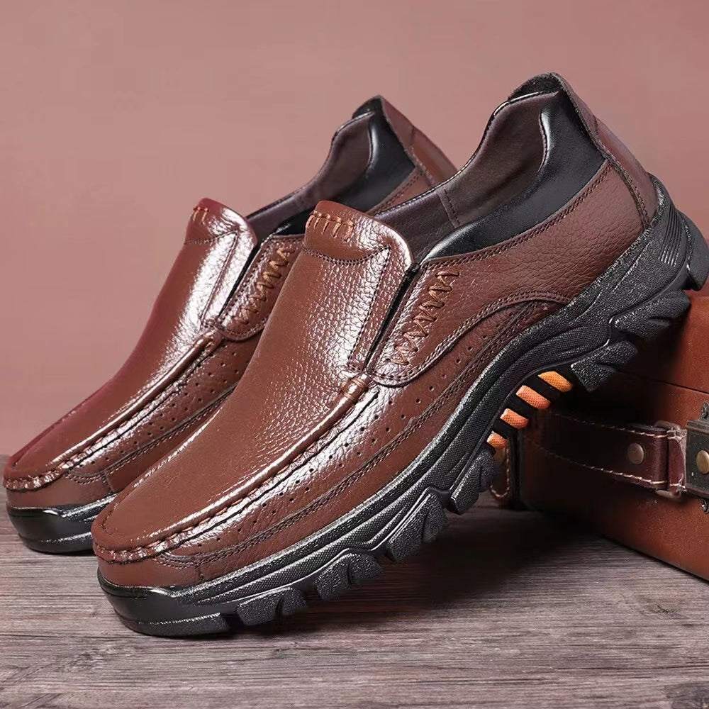 Leather Slip-On, Rubber Sole, Round Toe Shoes for Men