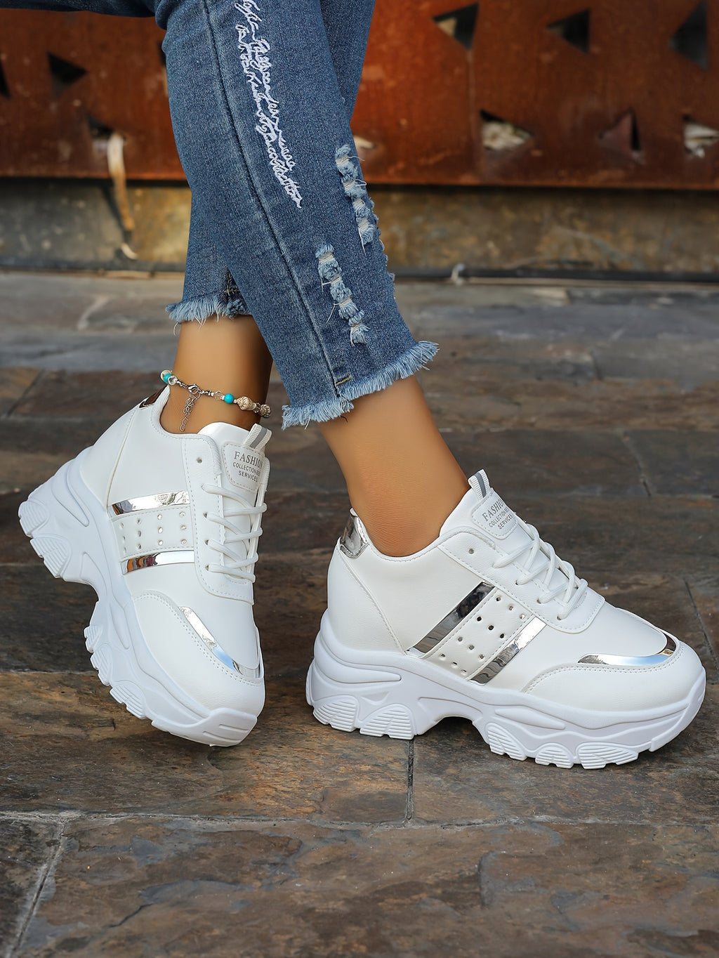 [8cm Height Boost Platform Sneakers] Elevate Your Style With These Fashionable White And Golden Platform Sneakers For Women In Large Size (42). These Shoes Are Trendy And Versatile, Adding 8cm To Your Height With A Dad Shoe D