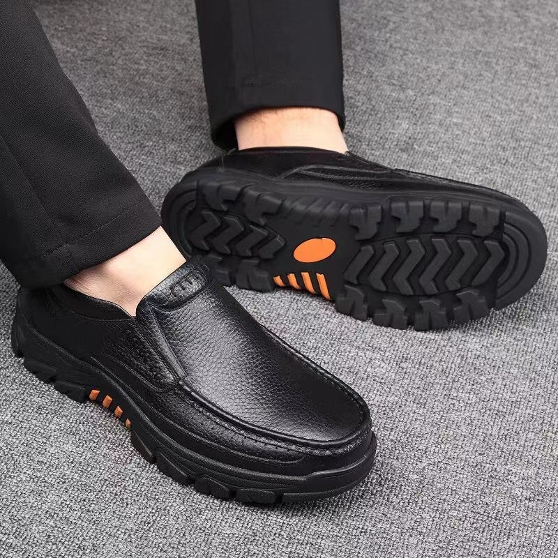 Leather Slip-On, Rubber Sole, Round Toe Shoes for Men