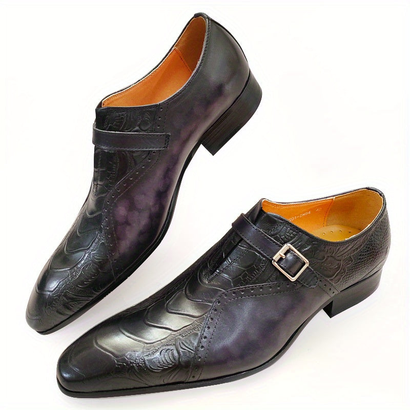 Men's Genuine Leather Dress Loafers - Elegant Embossed Design, Non-Slip Slip-On Shoes for Business & Formal Occasions, Black with Purple Accents, Pointed Toe, Rubber Sole, All-Season Wear, Office Loafers | Stylish Buckle Shoe