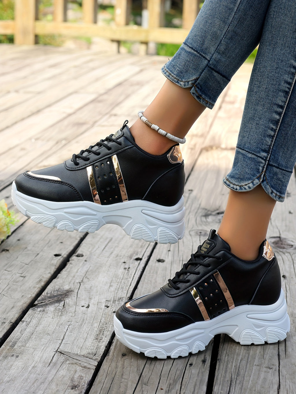 [8cm Height Boost Platform Sneakers] Elevate Your Style With These Fashionable White And Golden Platform Sneakers For Women In Large Size (42). These Shoes Are Trendy And Versatile, Adding 8cm To Your Height With A Dad Shoe D