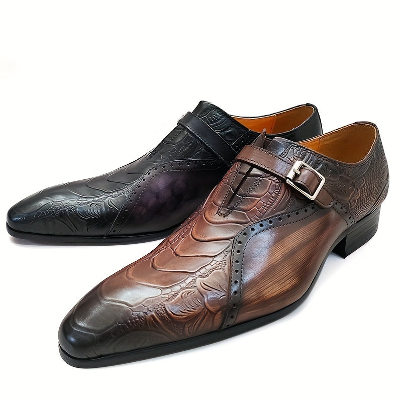 Men's Genuine Leather Dress Loafers - Elegant Embossed Design, Non-Slip Slip-On Shoes for Business & Formal Occasions, Black with Purple Accents, Pointed Toe, Rubber Sole, All-Season Wear, Office Loafers | Stylish Buckle Shoe