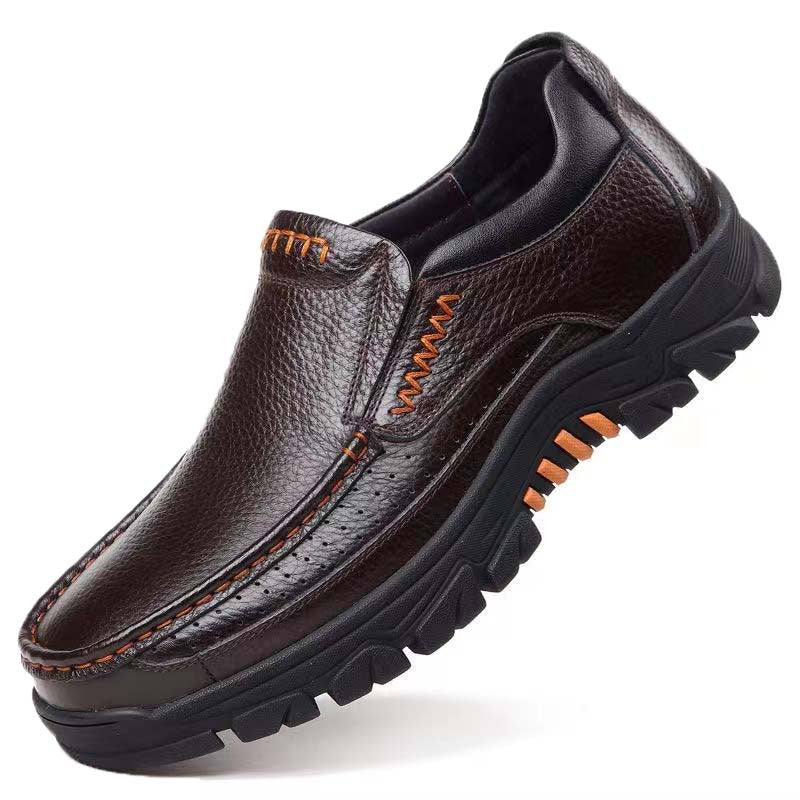 Leather Slip-On, Rubber Sole, Round Toe Shoes for Men