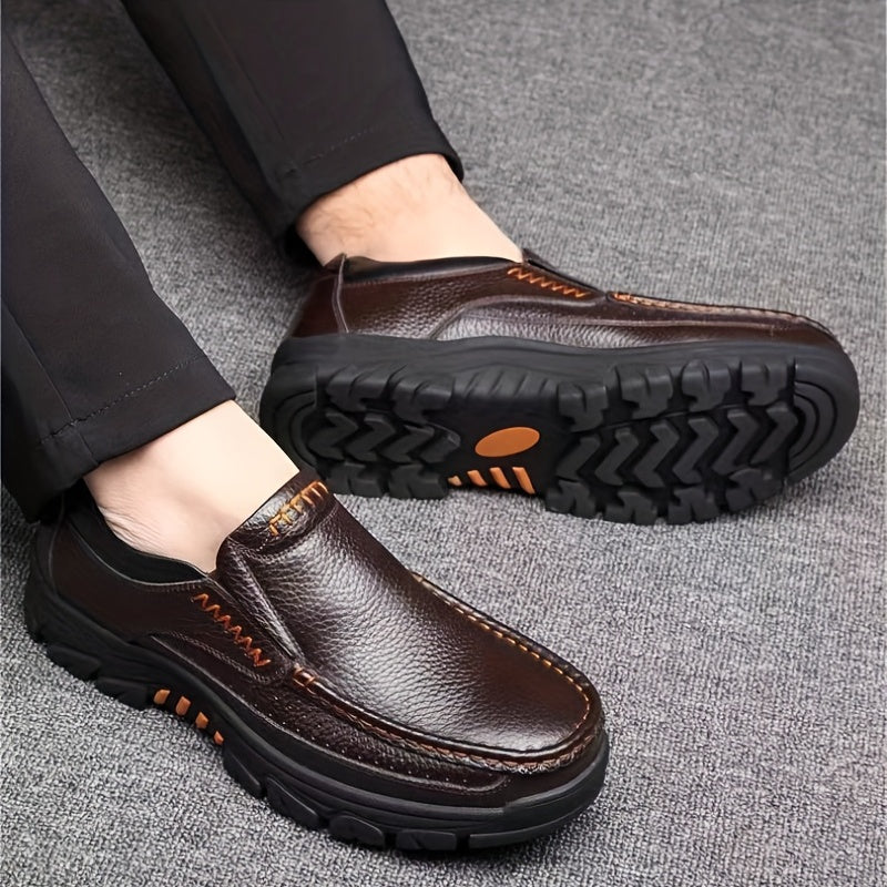 Leather Slip-On, Rubber Sole, Round Toe Shoes for Men