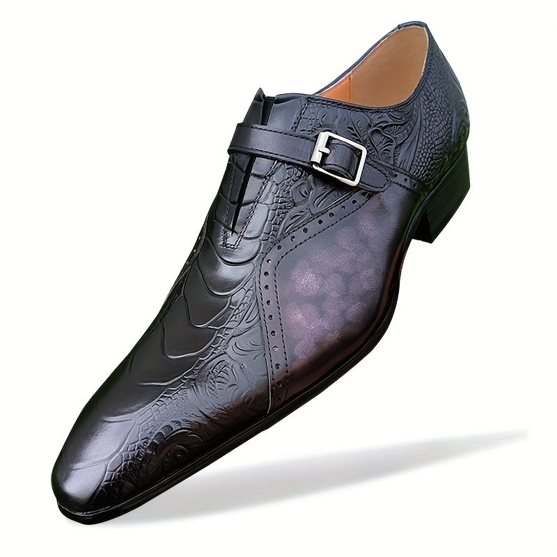 Men's Genuine Leather Dress Loafers - Elegant Embossed Design, Non-Slip Slip-On Shoes for Business & Formal Occasions, Black with Purple Accents, Pointed Toe, Rubber Sole, All-Season Wear, Office Loafers | Stylish Buckle Shoe