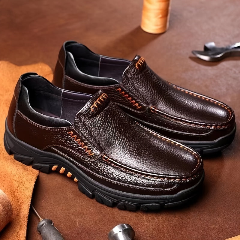 Leather Slip-On, Rubber Sole, Round Toe Shoes for Men