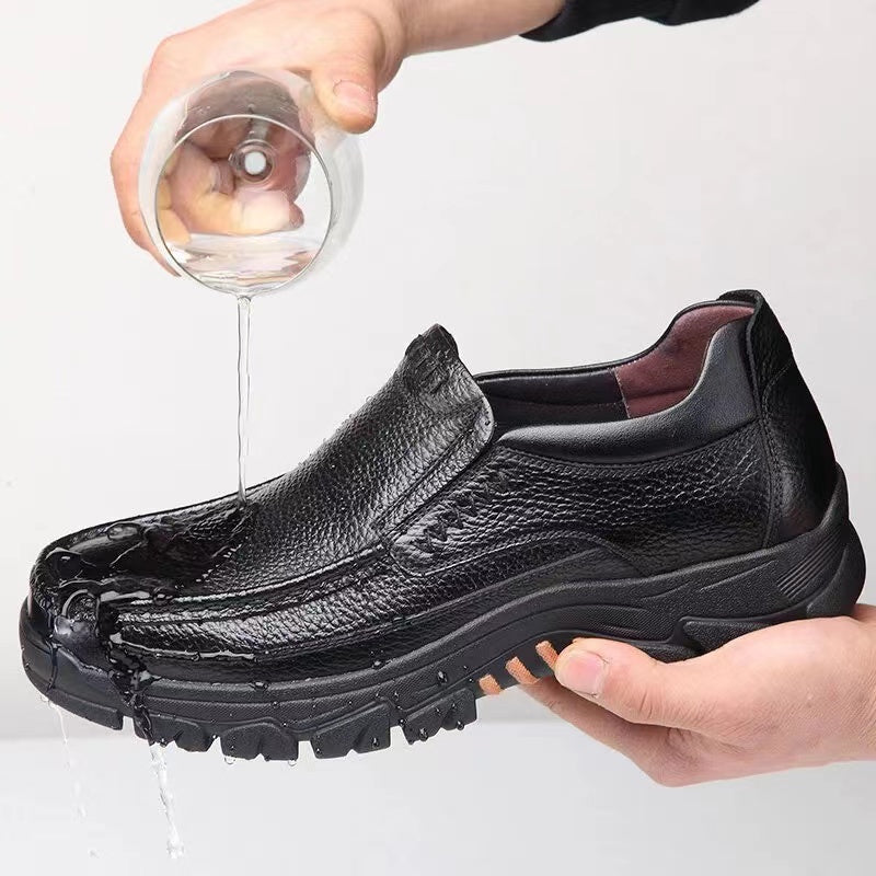 Leather Slip-On, Rubber Sole, Round Toe Shoes for Men