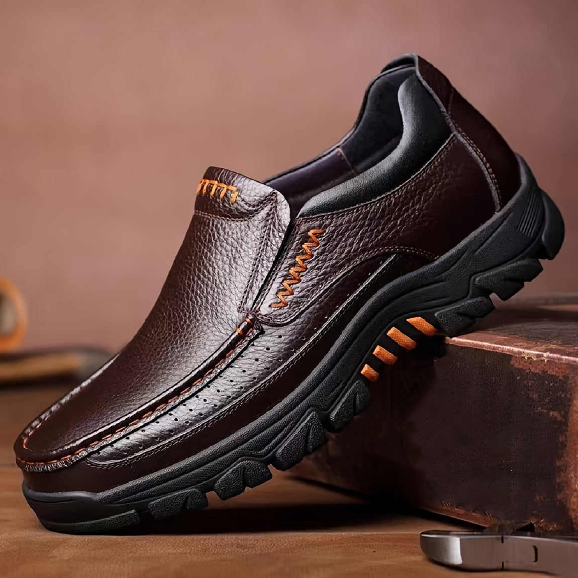 Leather Slip-On, Rubber Sole, Round Toe Shoes for Men
