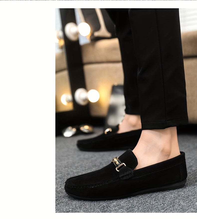 Men'S Slip-On Loafers - Black Faux Cover with Golden-Tone Buckle Straps, Round Toe & Rubber Sole for Casual & Formal Wear, All-Season Comfort, Formal Footwear, Sleek Shoe Design, Durable Footwear