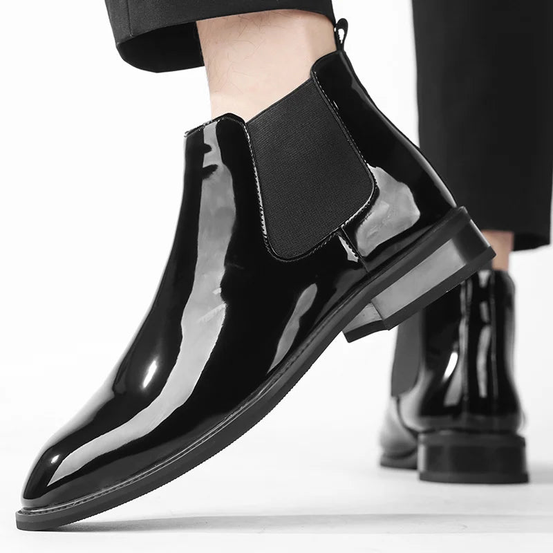 Pointed Toe Patent Leather Dress Shoes Size 38-46 Red Color Wedding Footwear Chelsea Boots for Men