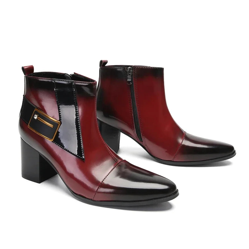 Men's Winter Formal Chelsea Boots in Wine Red Leather High Top with Zipper Ankle Dress High Heels Retro Western Style Size 35-47