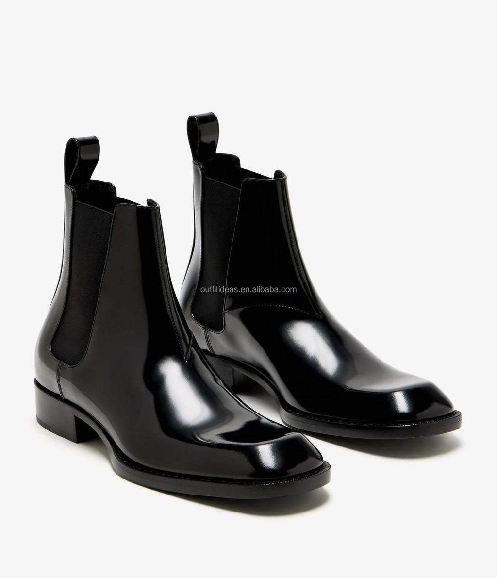 Square Toe True to Size Unisex Block Heel Men Dress Shoes Ankle Patent Leather Men Black Square-Toe Patent Leather Patent Boots