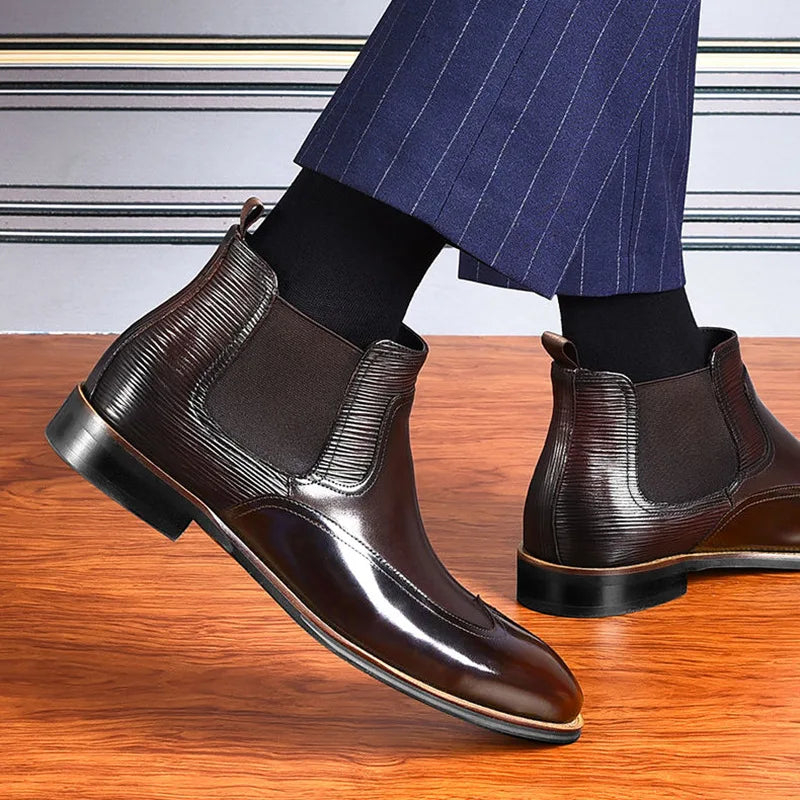 Fashion Height Increasing Men's Elastic Band Brogue Carving PU Leather Resistant Motorcycle Boot Dress Shoes Men Ankle Boots