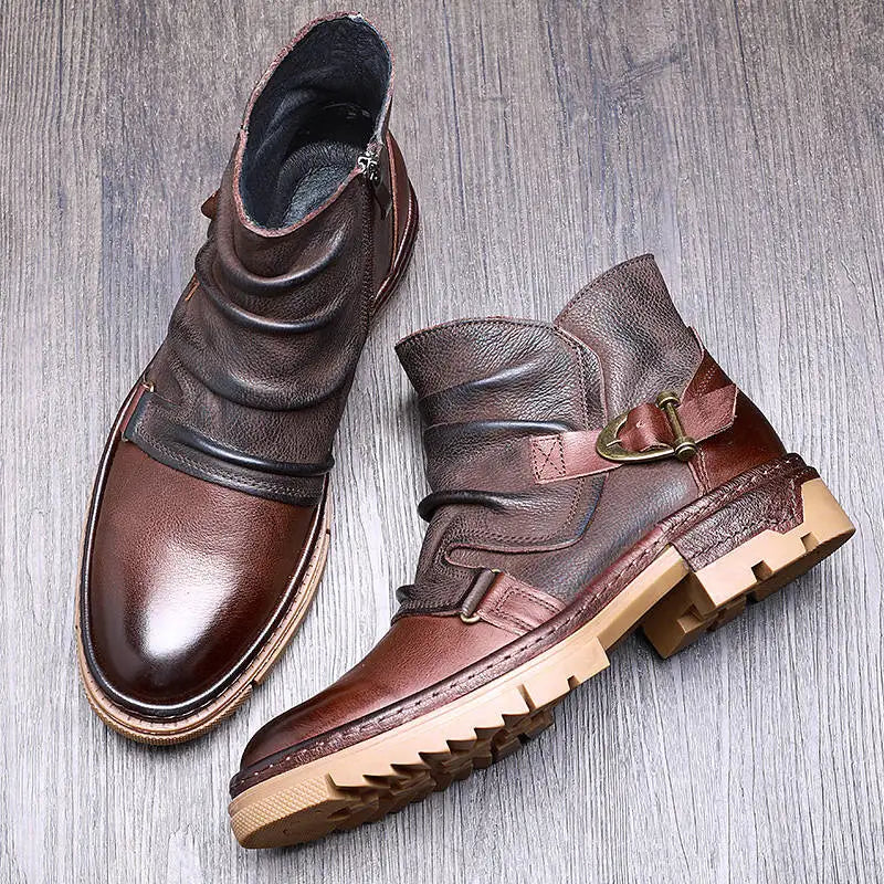 British Style Elegant Winter Boots Men's Trendy Pleated Buckle Belt Business Man Wrinkle Leather Shoes