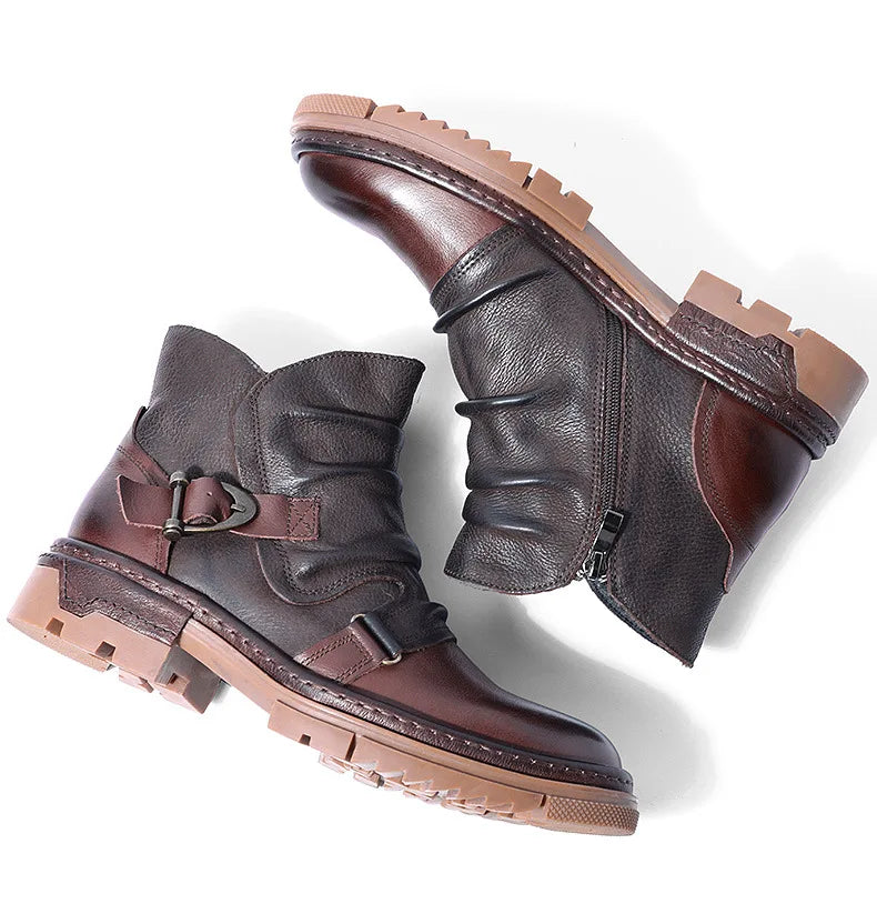 British Style Elegant Winter Boots Men's Trendy Pleated Buckle Belt Business Man Wrinkle Leather Shoes